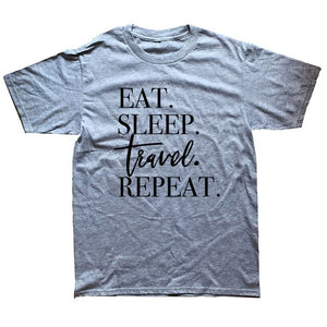 Funny Print Eat Sleep Travel Airplane Heartbeat Joke T-shirt Husband Casual Short Sleeve Cotton Streetwear Hip Hop T Shirts Men