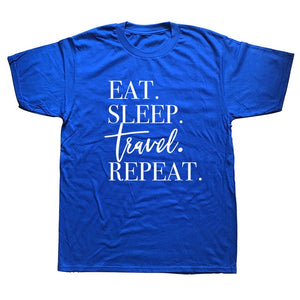 Funny Print Eat Sleep Travel Airplane Heartbeat Joke T-shirt Husband Casual Short Sleeve Cotton Streetwear Hip Hop T Shirts Men