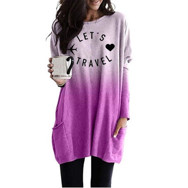 New Fashion Let Is Travel Letters Aircraft Print Gradient Long Sleeve Pocket T-Shirt For Women Tops Harajuku Off The Plus Size