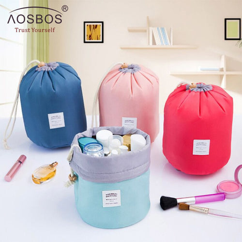 Aosbos High Quality Waterproof Travel Cosmetic Bag Nylon  Drawstring Barrel Wash Bags Large Capacity Women Cosmetic MakeUp Bag